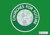 Rundes Logo mit Schrift Churches for future auf grünem Hintergrund