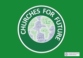 Rundes Logo mit Schrift Churches for future auf grünem Hintergrund