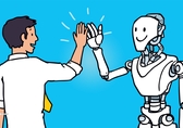 Mensch und Roboter begrüßen sich in Comicform