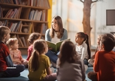 Kinder sitzen mit Erzieherin im Kreis und hören einer Geschichte zu